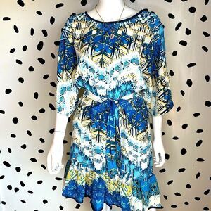 Blue and Yellow Tie Waist Mini Dress